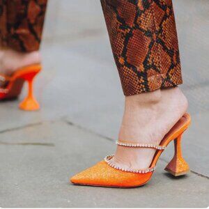 FSJ Orange Glitter Shoes Rhinestone Flared Heel Mules for Women